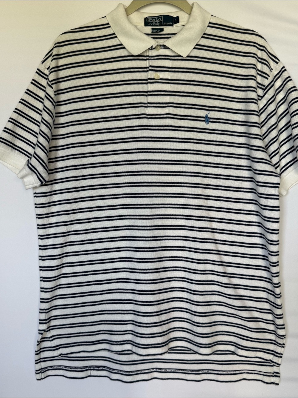 Polo by Ralph Lauren Men’s White with Navy Stripe Polo Shirt Vintage 90s